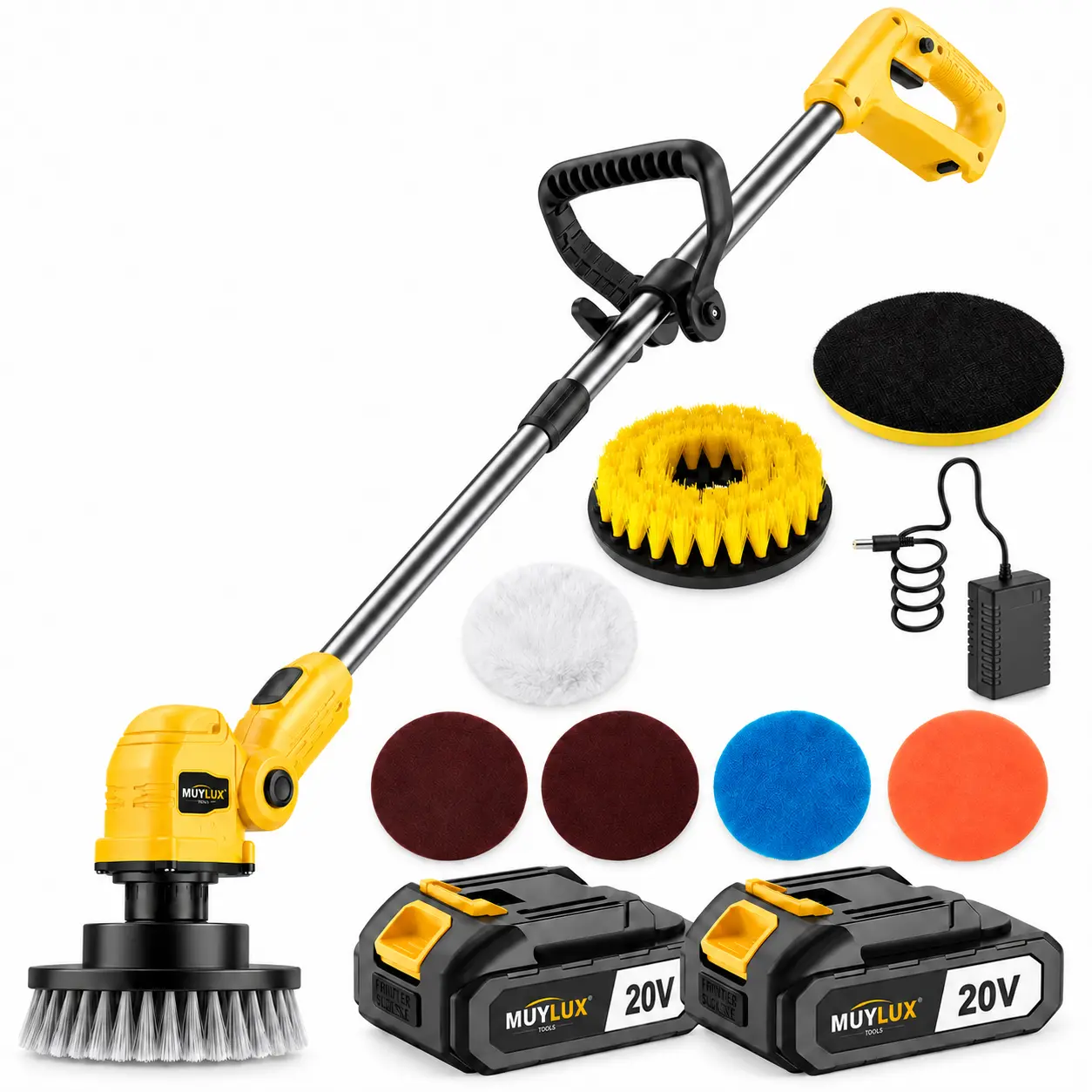 Muylux 20V Cordless Electric Spin Scrubber with Long Handle, Power Cleaning Brush with Interchangeable Pads for Bathroom, Tile, Shower, Kitchen Floors & Home Cleaning