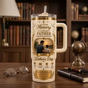 Memorial Father Tumbler 40oz, Personalized Photo Dad Memorial Gift, Custom Name Date Father's Day Cup, In Loving Memory Tumbler