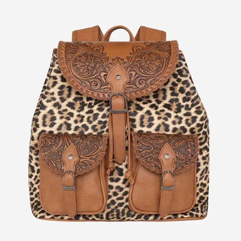 Montana West Floral Tooled Cheetah Print Drawstring Backpack