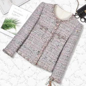 【1】Fashion temperament women's clothing 2025 autumn and winter new item lotus root powder color coarse tweed round neck long sleeved jacket