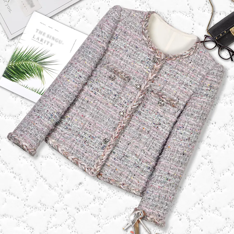 DUSHE Tweed Coat for Women, Elegant and Fitted in Dusty Pink with Long Sleeves and a Round Neck for Autumn-Winter