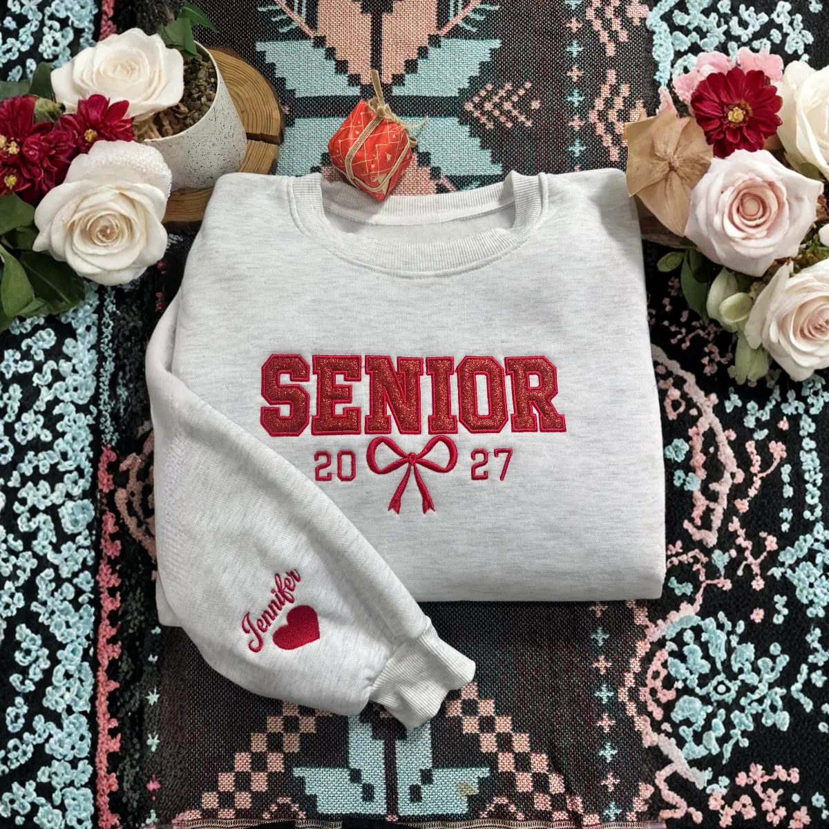 (Leave a note) Senior 2027 Custom Glitter Embroidered Sweatshirt, Custom Name on Sleeve Senior Crewneck Sweatshirt, Class of 2027 Personalized Glitter Sweatshirt Cotton Green
