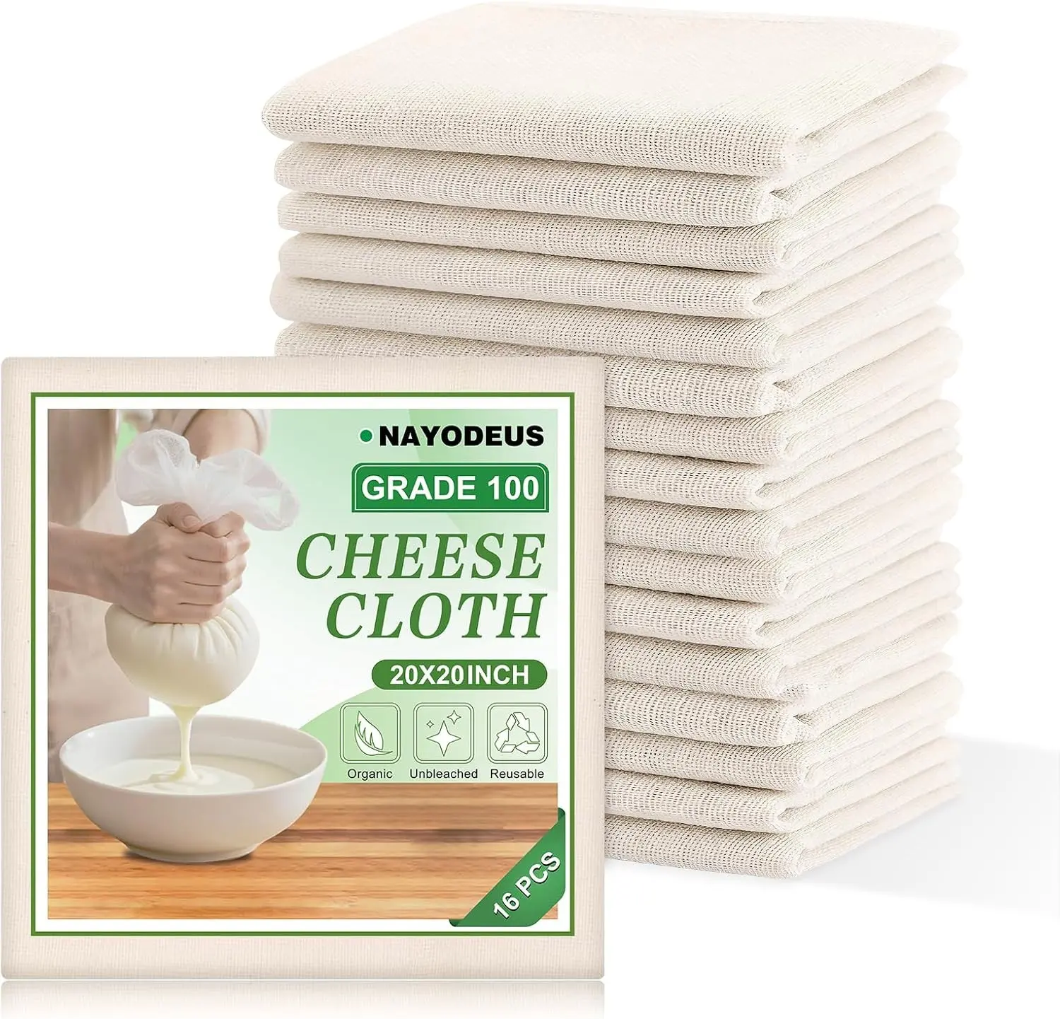 16PCS Cheese Cloths, 20 x 20 inch, Grade 100, Overlocked Edges, Ready to Use, Muslin Cheesecloth for Straining and Cooking,100% Unbleached Cotton, Reusable.