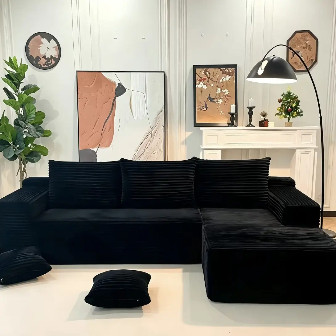L-Shaped Cloud Sectional Couch, Right Facing Modular Compressed Boneless Sectional Sofa with Chaise Lounge, Plush Corduroy Boneless Corner Sofa for Living Room