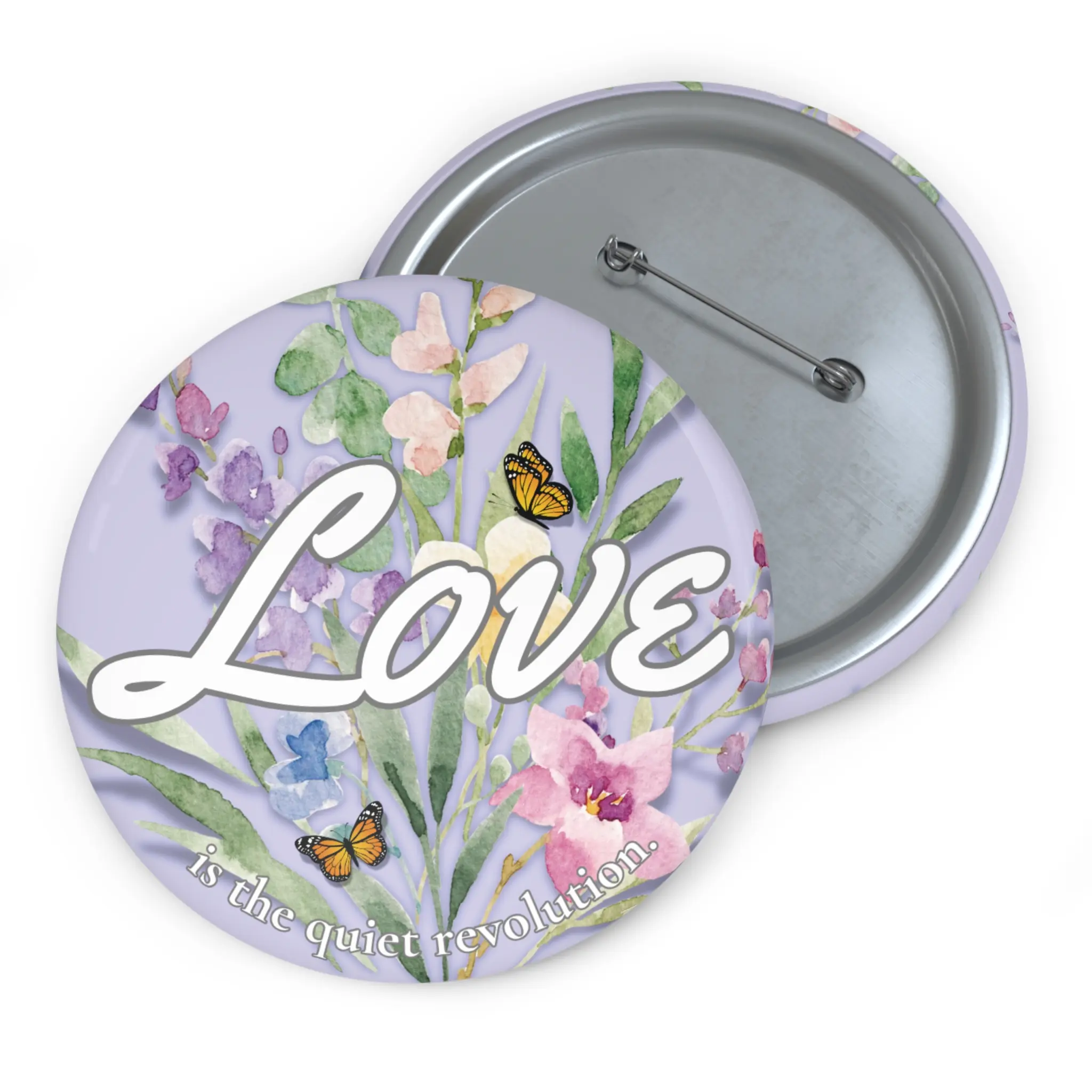 Love Is the Quiet Revolution Lanyard Backpack Bag Pin, Monarch Butterflies & Watercolor Wildflower Design, Gift For Her, Gift For Student pins