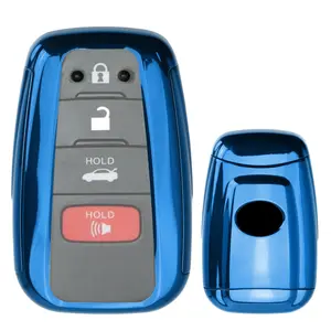 iJDMTOY Chrome Finish Blue TPU Key Fob Protective Case w/Button Cover For 2017/2018-up Toyota Camry Prius Prime Mirai C-HR, etc w/Push Start Engine Feature