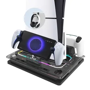 GAMINJA P53 Console Stand Cooling Station, Dual Controller Charging Station with 7 RGB Light, Console Accessories for Playstation 5 Digital Disc Slim, Game Peripherals, Gaming Accessories, Charging Dock