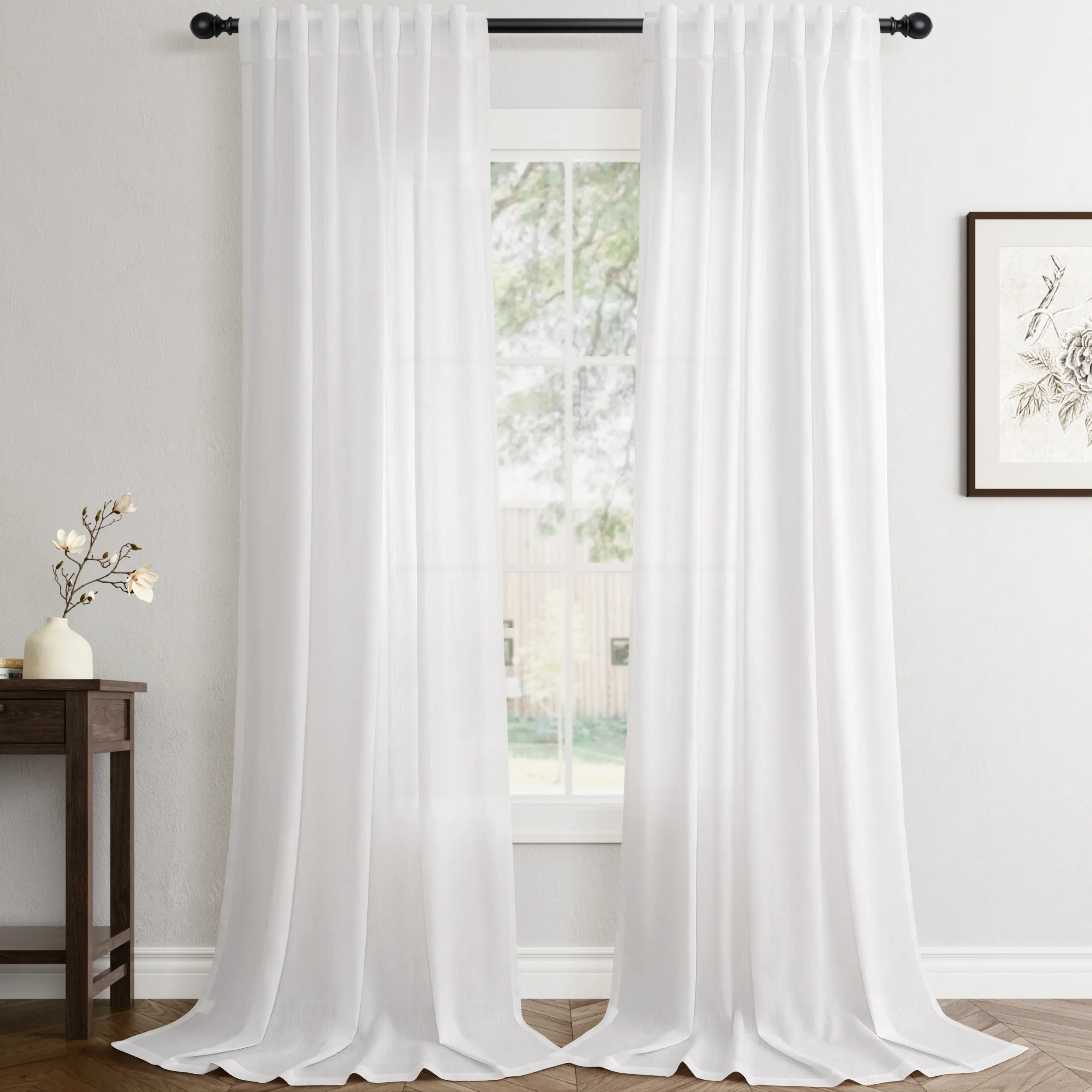 Jowels Linen Curtains 2 Panels for Living Room Light Filtering Sheer Curtain,Back Tab Pocket Pleated Look,Modern Farmhouse Textured Privacy Drapes for Bedroom Window