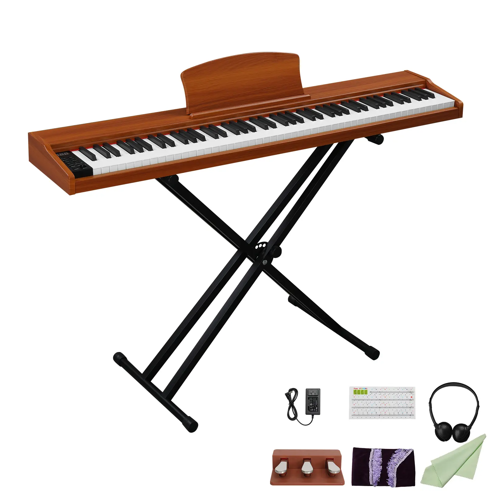 Flower Dance GPP-107 88-Key Full-Size Semi-Weighted Upright Digital Piano, Walnut Wooden Body with Stand, 64 Polyphony, 3-Pedal System, MIDI, Bluetooth, Built-In Speaker, Headphone Accessories, White Keys, LED Display, 34.43 lbs