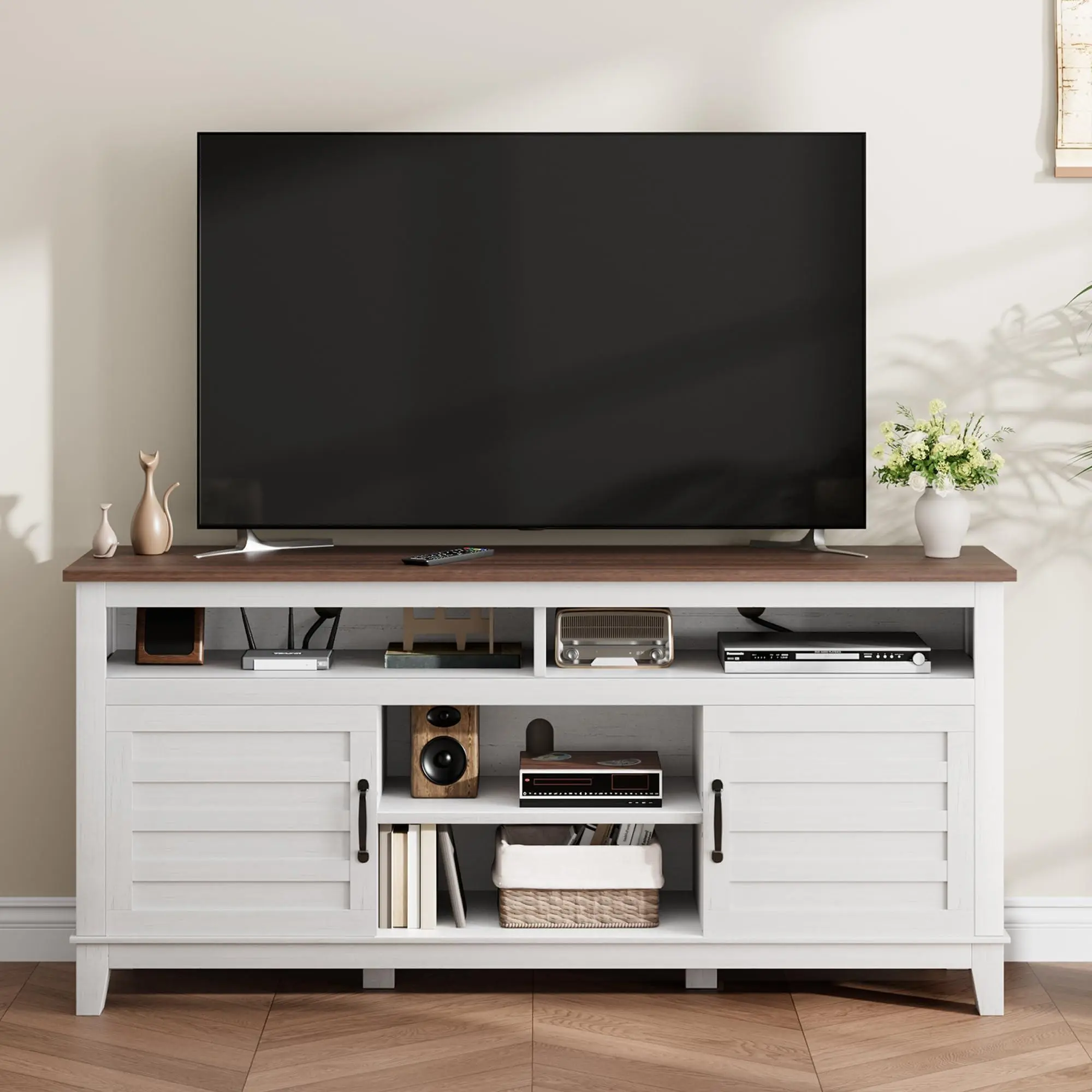 63-Inch Rustic Wood TV Stand - MDF Farmhouse Television Console Table with Raised Base, Groove Detail, Adjustable Shelves, Cabinet Doors, Easy Setup for Living Room Indoor Furniture