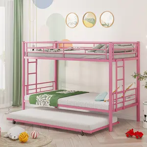 VECELO Metal Bunk Bed Twin Over Twin with Trundle, Loft Bed Industrial Bunkbeds with Ladder and Full-Length Guardrail No Box Spring Needed,Space Saving