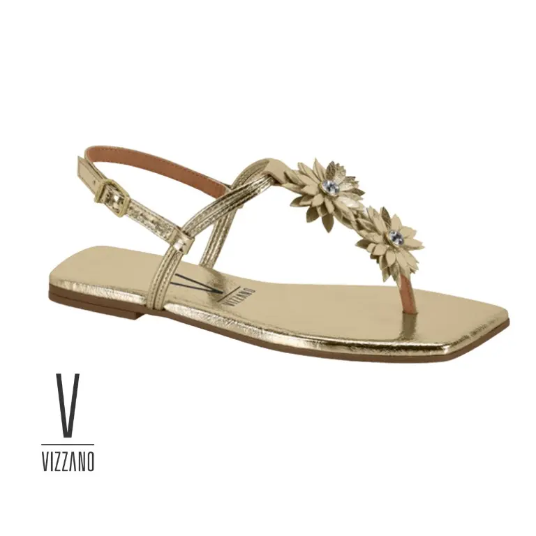 Vizzano Metallic Floral Slingback Thong Sandals – Square‑Toe Flats  Flower‑Embellished Toe‑Post Flats (Gold/Silver)  Dressy Metallic Flat Sandals with Flowers – Adjustable Slingback