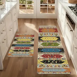 Vintage Retro Boho Patchwork Kitchen Mat - 0.4cm Fabric + Rubber Construction, Non-Slip Rubber Backing, Oil-Resistant, Water-Absorbent, Washable Tribal Ethnic Design Rug for Sink, Laundry Room Decor