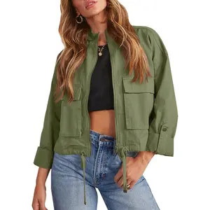 Lannew Women Casual Cropped Jackets Zip Up Lightweight Military Safari Short Utility Coat with Pockets