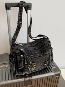 Casual Fashion Multi-Pocket Star Decor Denim Bag, Shoulder Crossbody Suitable for Daily Use, Work Commute, Stylish and Practical