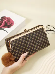 [Retro Wallet] Retro Elegant Women's Wallet | Coin Wallet with ID Window for Multi Card Slot Machine Adorned with a Delicate Pom-pom, Credit card holder, large capacity zipper clutch long wallet