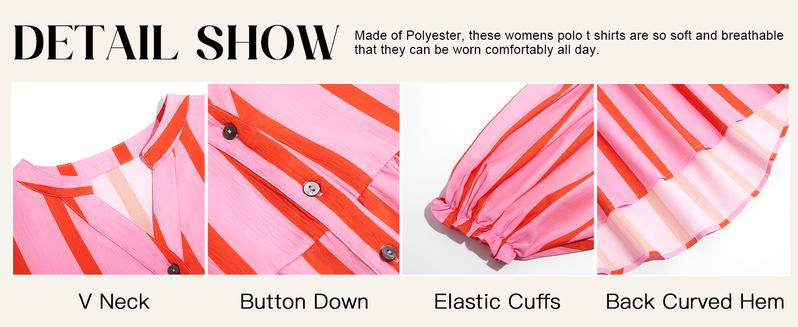 Tankaneo Womens Puff Sleeve Babydoll Tops Summer V Neck Striped Blouse Cute Casual Loose Fit Flowy Shirts