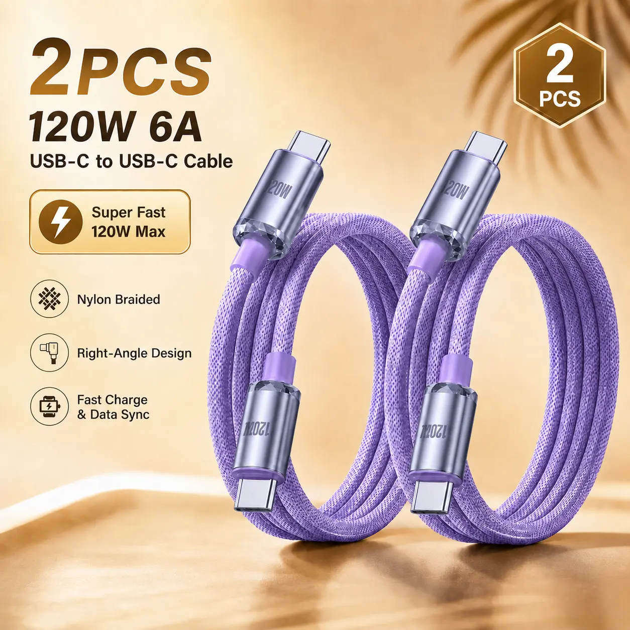 2Pcs 120W 6A Type C to Type C Super Fast Charging Cable For Iphone 15-17 Samsung S25 Xiaomi 12Pro K50 K70 Redmi Huawei P70 P60 Android OPPO Phone Charger USB C Cord MacBook Pro iPad Pro Data USB C Type-C Transfer Cord Durable Connection