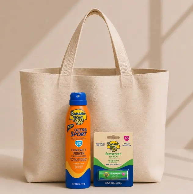 emegestyle 3-Piece Sun Protection Set with Banana Boat Sunscreen Spray (SPF 30, 6 oz) & Lip Balm (SPF 45), Includes Lightweight Tote Bag, Fragrance, Mineral Oil, Portable, Reusable, Panthenol, Spacious