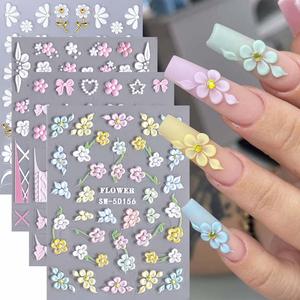 flower & bow pattern nail art stickers, 4 sheets 5d embossed nail decoration, handmade press on diy nail kit nail art decals for women & girls, multicolor nail adhesive stickers, sticker set