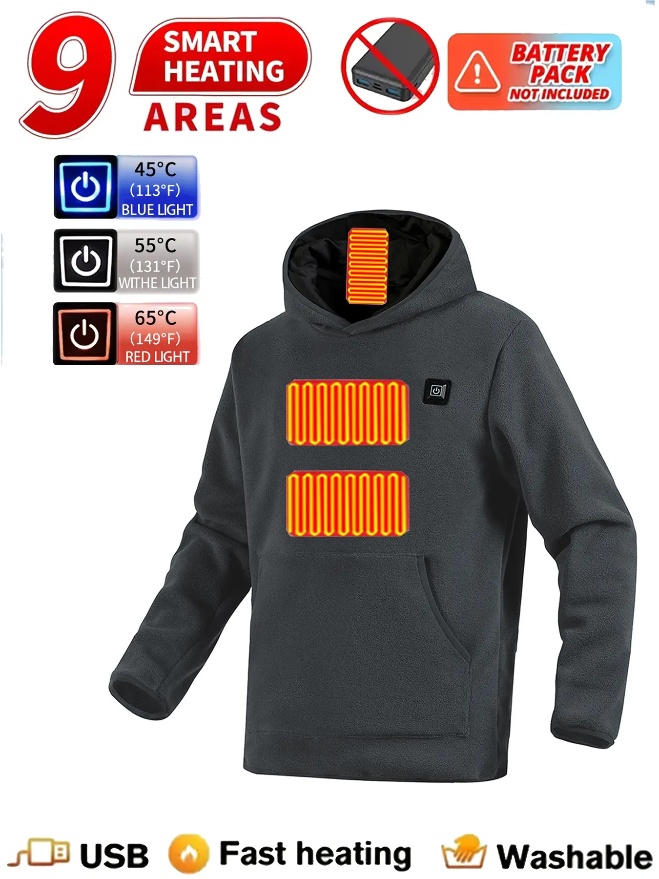 Autumn Winter New Hooded Heated Sweatshirt, /dark Blue/dark Colors, Plush Fleece Fabric, Heating Area Design