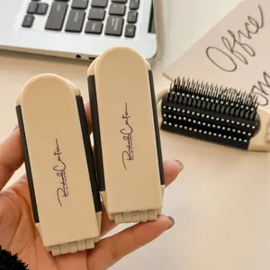 Cream Color Foldable Travel Hair Brush With Mirror - Collapsable Pocket Size Mini Brush, Massage Comb, Compact Styling Tool for Gym, Trip, Purse, Swimming