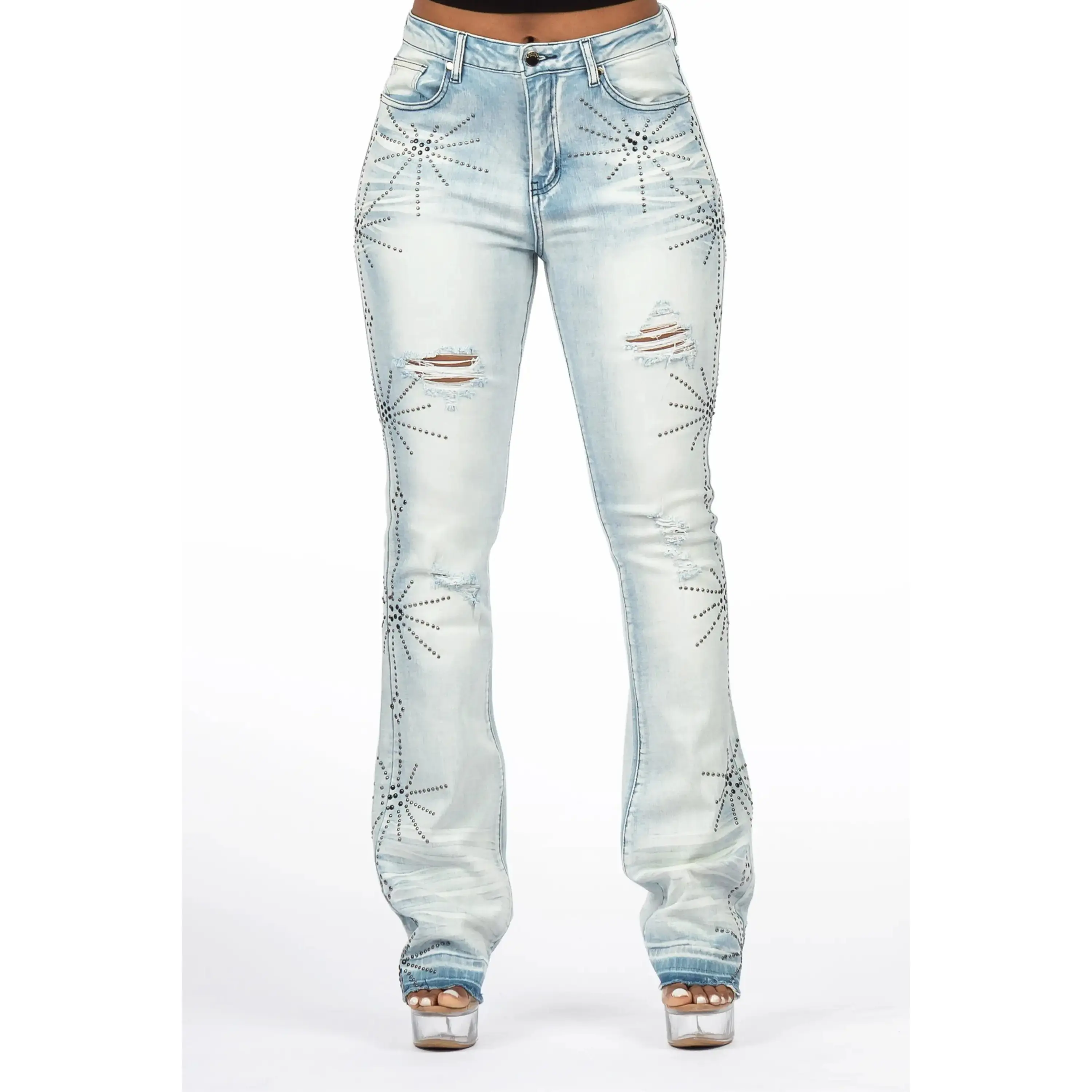 Ikia Light Wash Studded Stacked Flare Jean