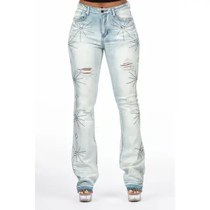 Ikia Light Wash Studded Stacked Flare Jean