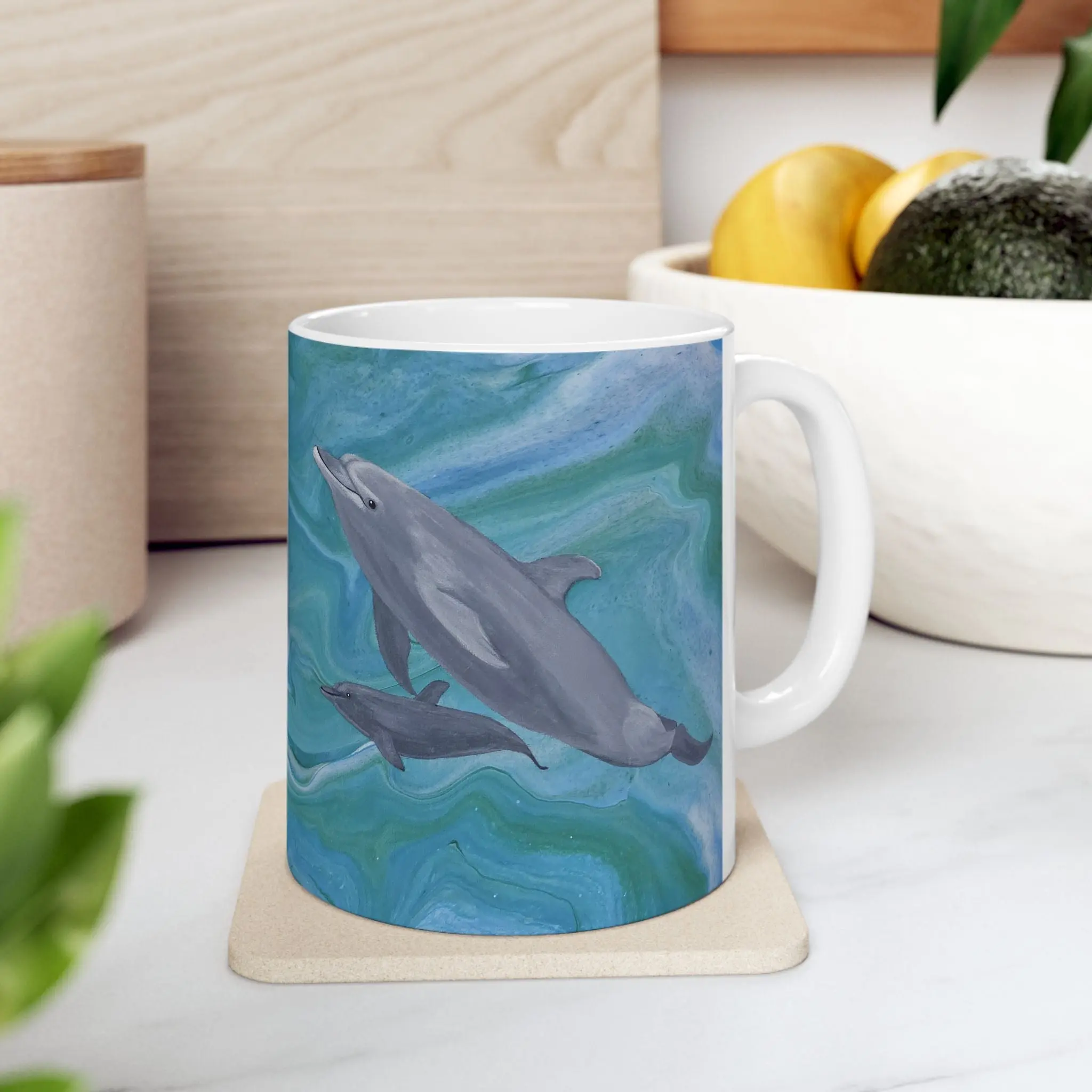Glossy Ocean Dolphin Ceramic Coffee Mug - Painted 11oz/15oz Animal Character Novelty Cup with Blue Waves Art, Washable Kitchenware Drinkware