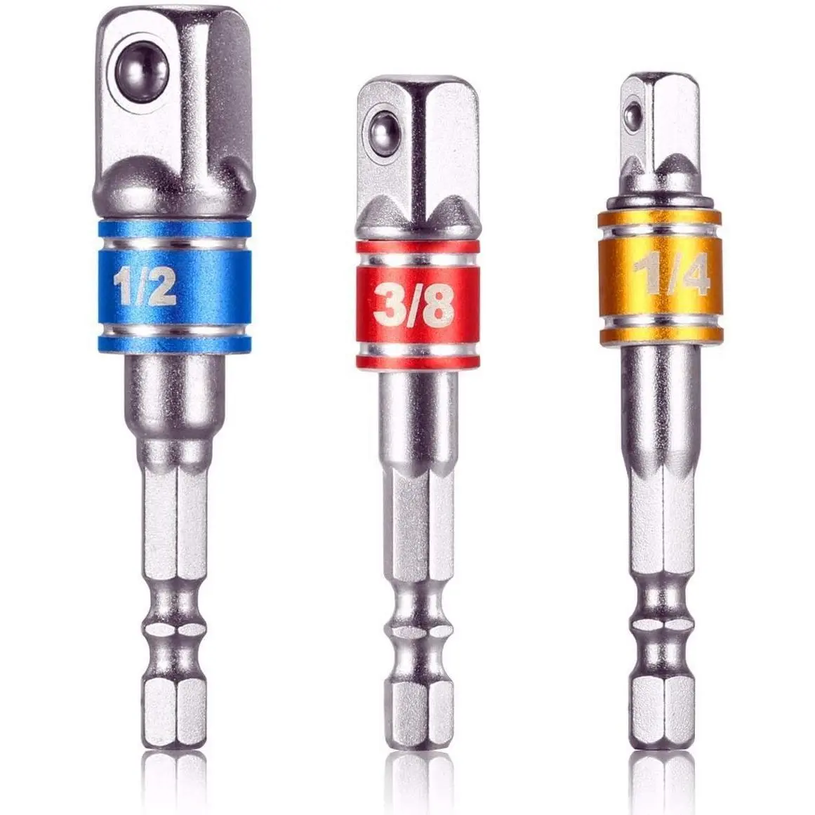 Impact Grade Socket Adapter/Extension Set Turns Power Drill Into High Speed Nut Driver,1/4-Inch Hex Shank to Drive for Adapters to Use with Drill Chucks, Sizes 1/4" 3/8" 1/2", Cr-V, 3-