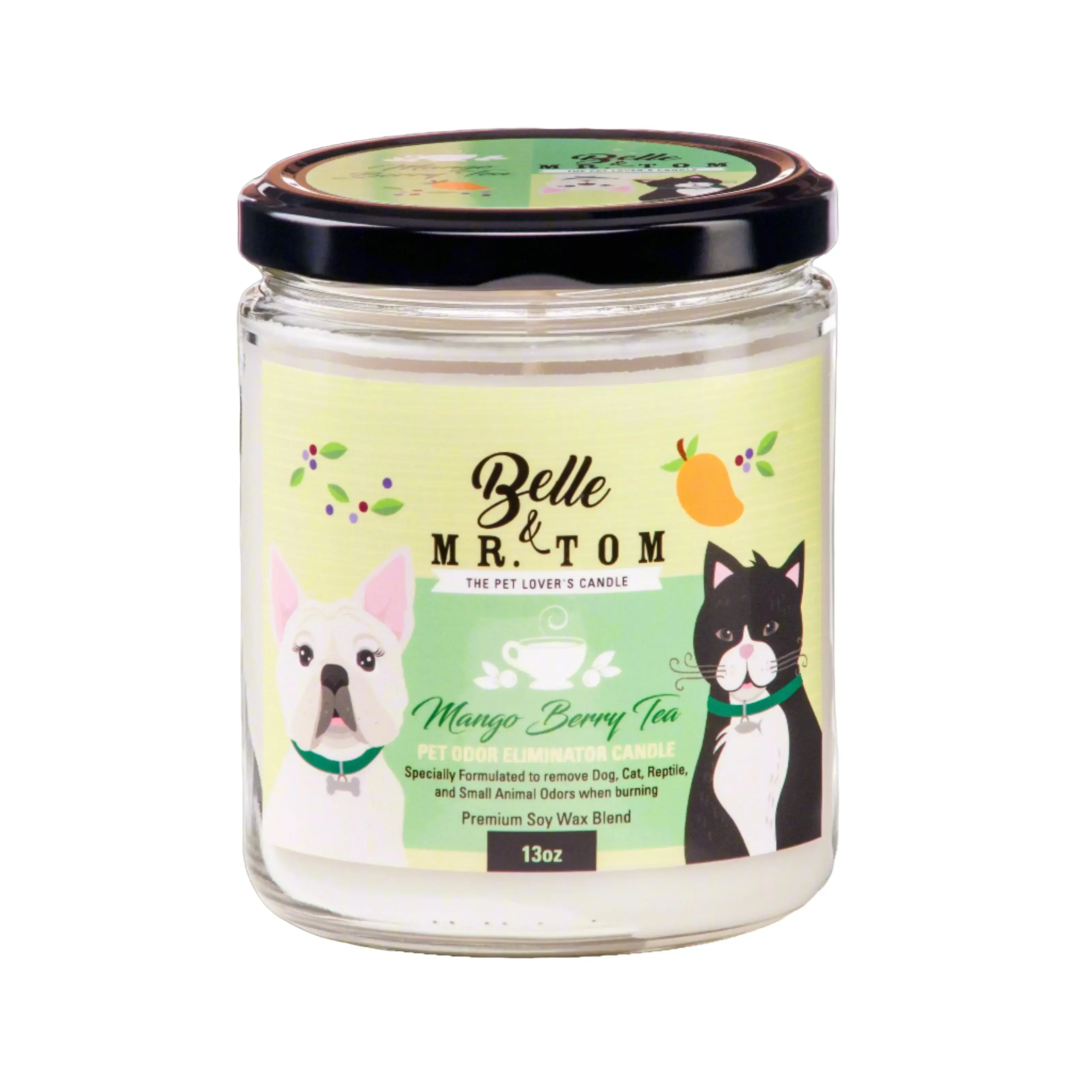 Mango Berry Tea Pet Odor Eliminator Candle - Tropical Fruit Tea Scented 13oz Soy Blend Candle for Dog & Cat Owners