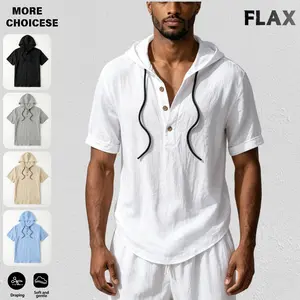 Men’s summer linen hooded short-sleeve Henley top with drawstring, breathable relaxed casual style