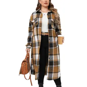 Womens Plus Size Flannel Plaid Shirts Long Sleeve Lounge Lapel Boyfriend Button Down Tartan Long Jacket Coats Fabric Fashion Womenswear Check Fit Lightweight Oversized Comfort Loose Polyester Retro Suit
