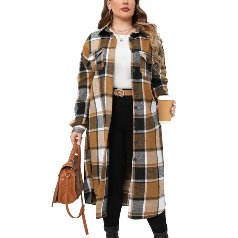 Women's Plus Size Fashion Plaid Flannel Long-Sleeve Lapel Boyfriend Button-Down Coat - Thin Lightweight Oversized Loose Polyester Retro Suit for Casual Work & Lounge Wear,back to school,back to school shopping,sohochic