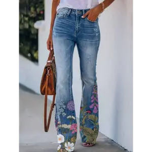 Women's Floral Print Flared Jeans - Stretchy Bell-Bottom Denim Pants with Vibrant Flower Pattern, Mid-Stretch All-Season Casual Streetwear Trousers, Machine Washable, Everyday Wear | Bohemian Style Washable