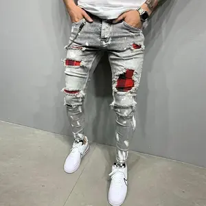 New Men's Skinny Ripped Jeans Fashion Grid Hole Endothecium Patches Slim Fit Stretch Casual Denim Pencil Pants Jogging TrousersGift