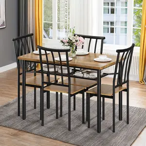 Space-Saving Dining Set for 4 People, Rectangular Dinner Table with Lower Storage Shelf, Matching 4 Dining Chairs, Sturdy Metal & Wood Frame Construction, Practical Home Furniture for Kitchen Dining Room Small Apartment