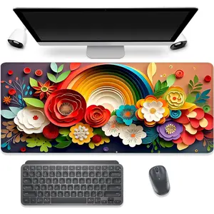 Rainbow Spring  Desk Pad  Pad,Floral Prints Extended Large Gaming  Mat with Stitched Edges,Non-Slip  Rubber Base Mousepad for Office Work  Desk Mat(27.5X11.8 in)