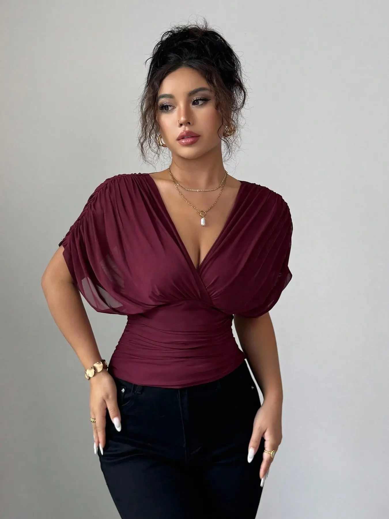 European and American Style Deep V Neck Mesh Sheer Ruched Ruffled Slim Fit Fitted Short Sleeve Top, Slimming Hot Girl T-Shirt, Blouse, Blouse Shirts, Fashionable Women's Clothing, Womenswear, Made In China