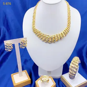Luxury Dubai Ethiopian Chain Necklace And Earrings Sets For Women Indian Bridal 18k Gold Color Jewelry Set Wedding