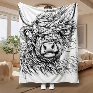 Colorable highland cow fleece blanket - Soft and warm. A gift blanket for family and friends, a small nap blanket, a sofa blanket, a multi-functional blanket for camping and traveling, a veteran's blanket, a retro hand-painted fashionable blanket.