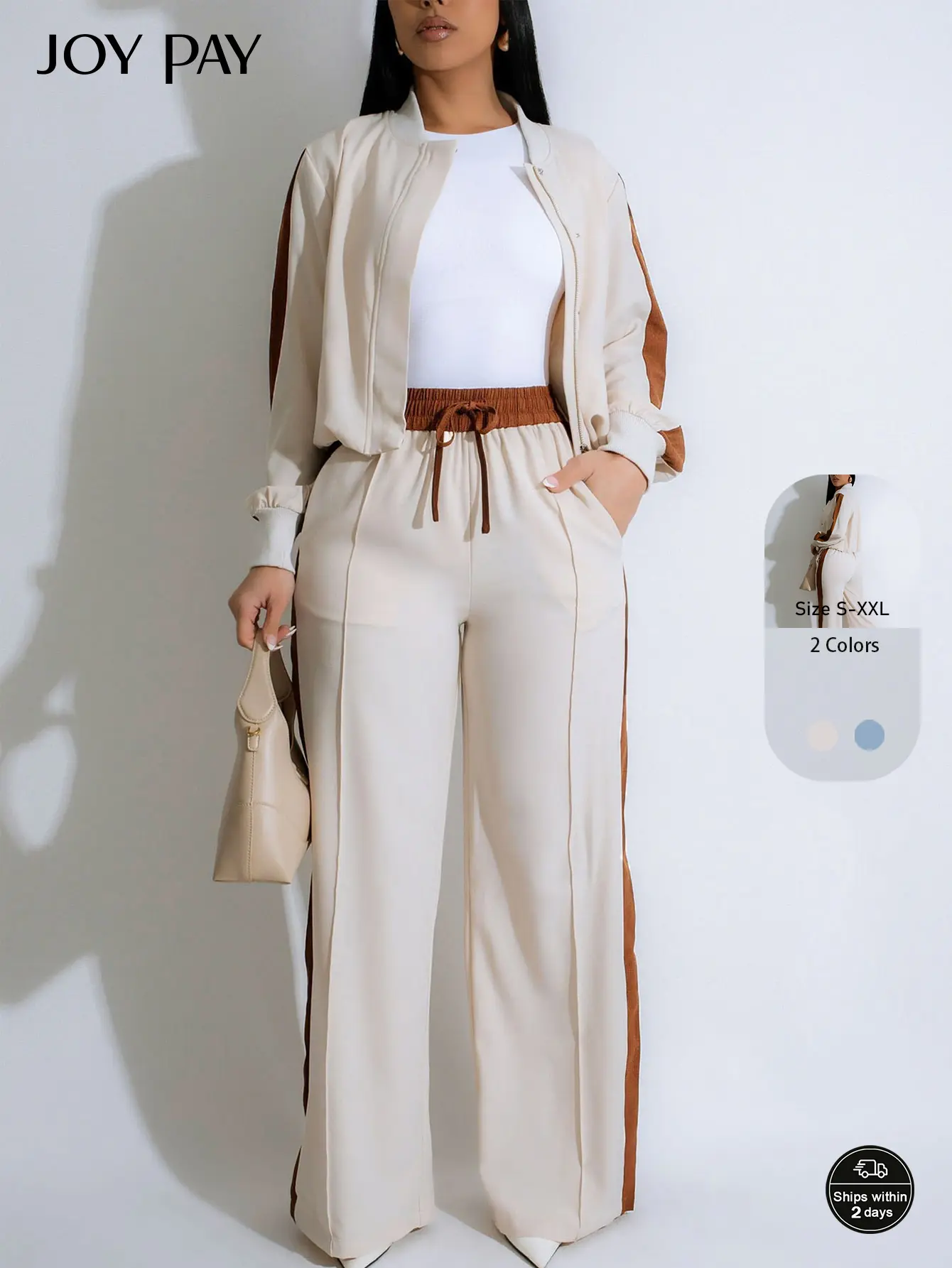 JOY PAY Color Block Women's Tracksuit Set 2 Piece Outfit with Loose Jacket & High Waist Wide Leg Pants Casual Sportswear for Spring Fall Trendy Comfortable