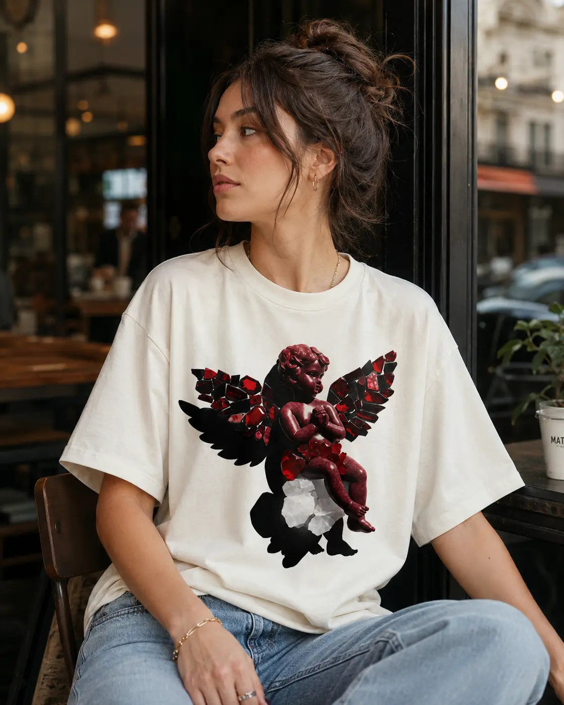 Red Cherub Angel Wings T-Shirt | Rose Petal Statue Graphic