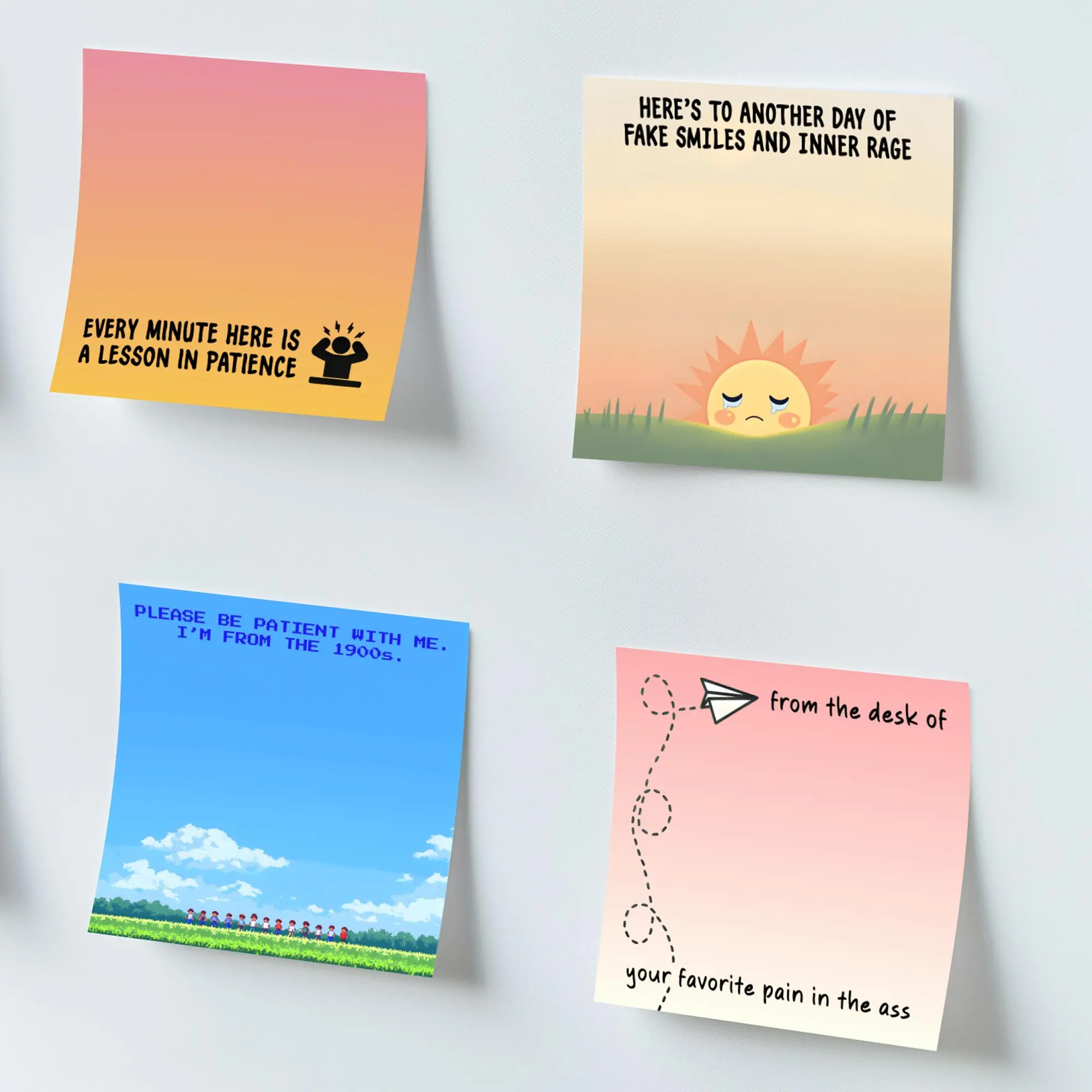 Funny Office Sticky Note, Lesson, Fake Smiles, 4 Counts 50 Sheets Funny Office Note Pad, Adhesive Sticky Note for School Office Home Supplies Students Teachers Gift
