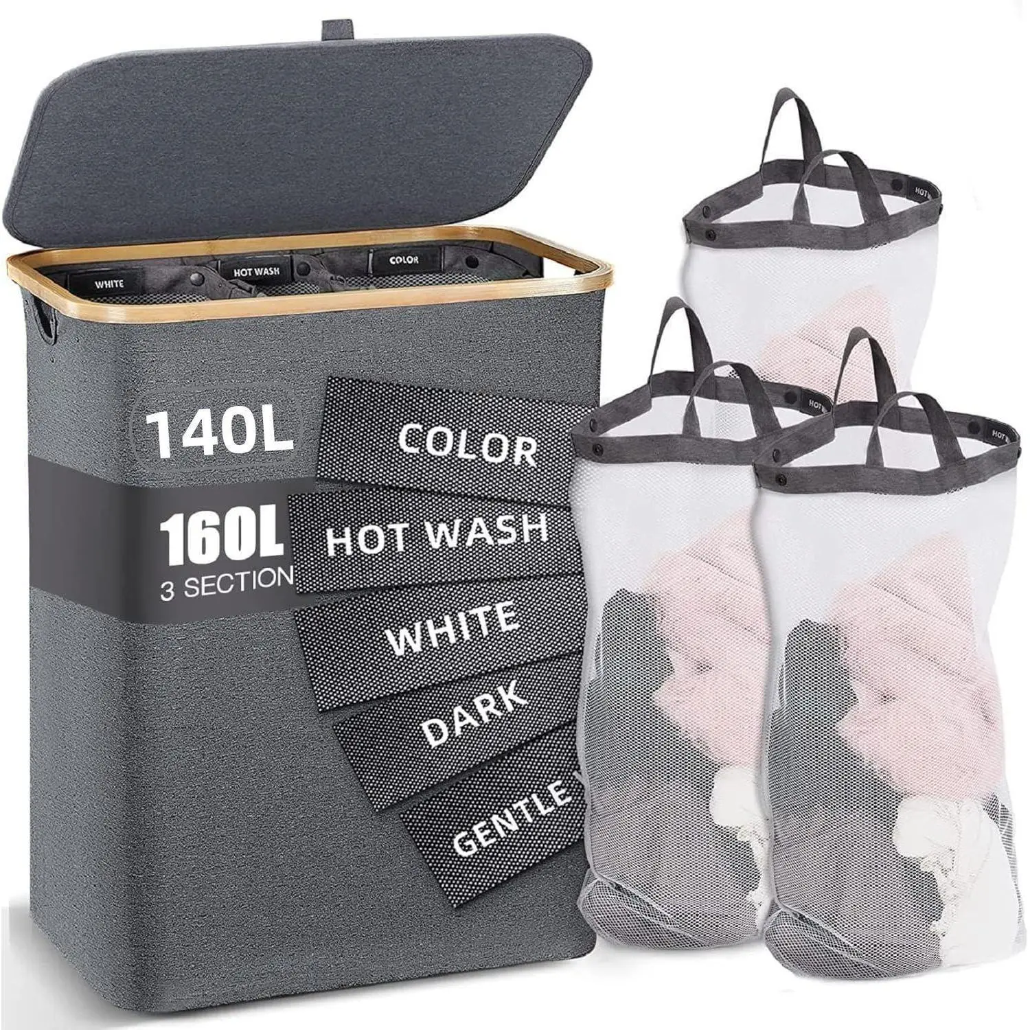 160L 3-Section Rectangle Laundry Basket with Lid, Sturdy Carry Handles, High-Capacity Home Organizer for Indoor Laundry Room Storage & Everyday Use