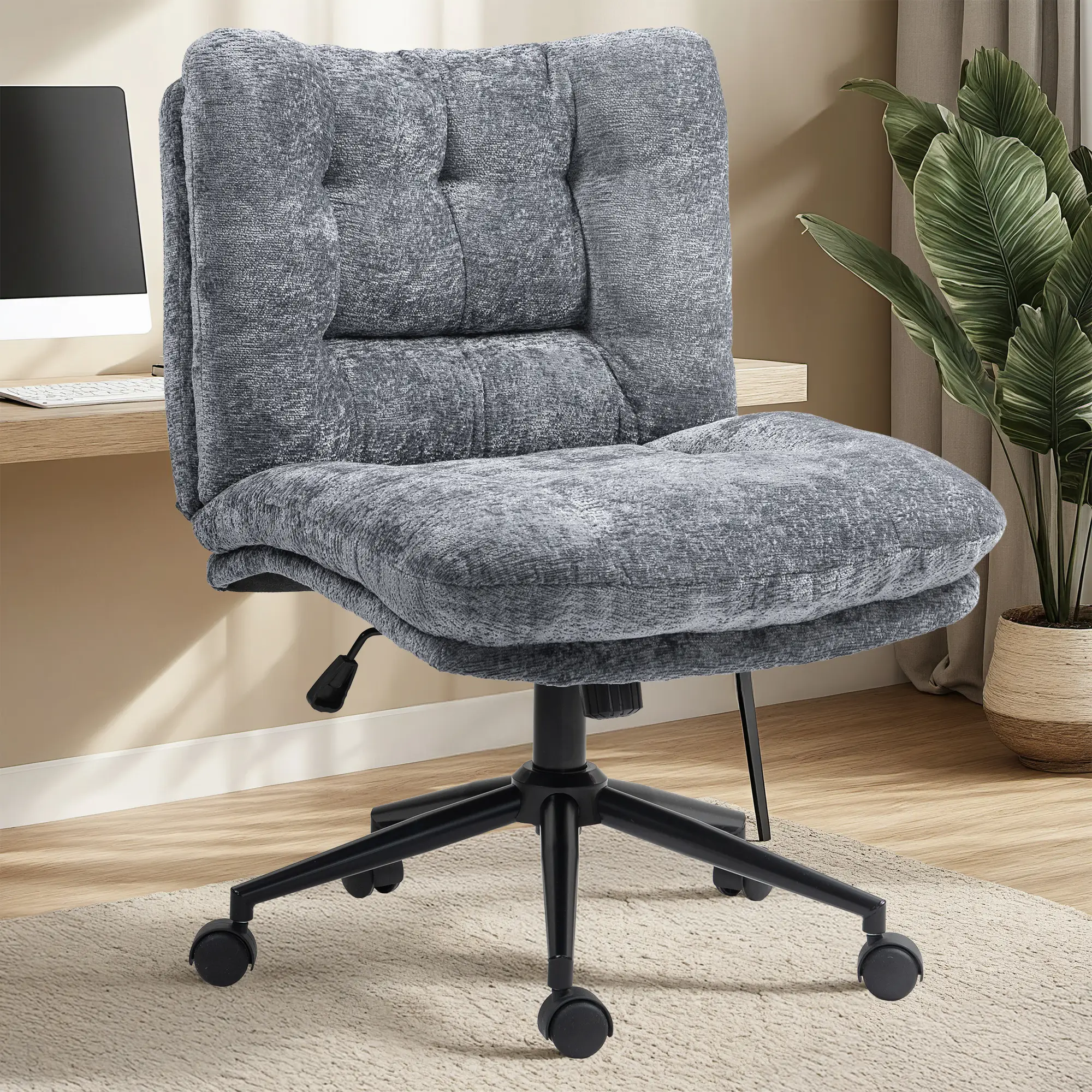 Dowinx Criss Cross Chair with Wheels, Dual-Layer Thickened Cushion Cross Legged Office Chair, Premium Fabric Morden Home Vanity Chair Wide Seat, Adjus