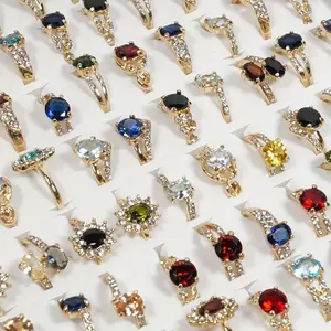 25PCS Fashion Wholesale Bulk, Loose Rings Colorful Natural Stone Crystal Rhinestone Rings