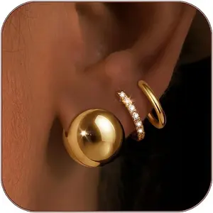 Small Gold Hoop Earrings Set for Women Hypoallergenic 14K Gold Plated Ball Huggie Hoops Stacks for Multiple Piercing Dainty Simple Lightweight Trendy Jewelry Gifts