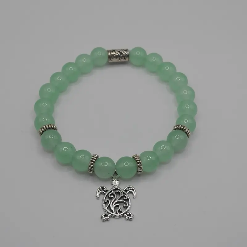Elegant Aventurine Gemstone Bracelet with Silvery Turtle Charm, perfect for summer and turtle lovers as a gift!  With this bracelet, together we support Loggerheads Sea Turadtle Rescue in Florida.