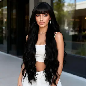 28 Inch Long Wavy Bangs Wig, Natural Realistic Synthetic Hair, Daily & Party Wear, Heat Resistant, Single Item